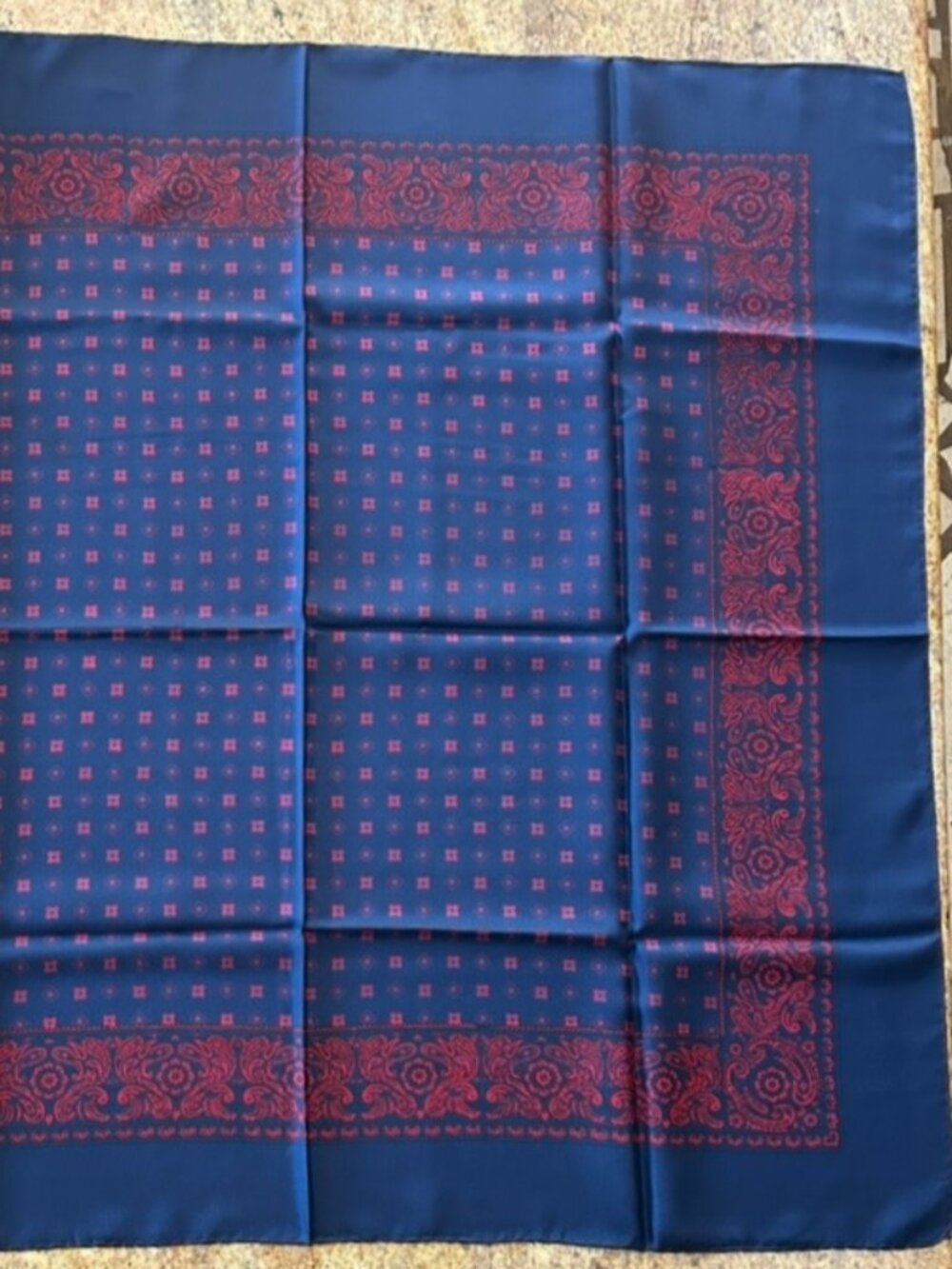 Vintage Navy Blue and Red Scarf with Hand Rolled Edges ~ 33.5" x 35"